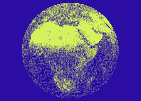 A neon-yellow dithered globe on a deep terminal-blue field, the signature image of the Global AI Youth Network brand.
