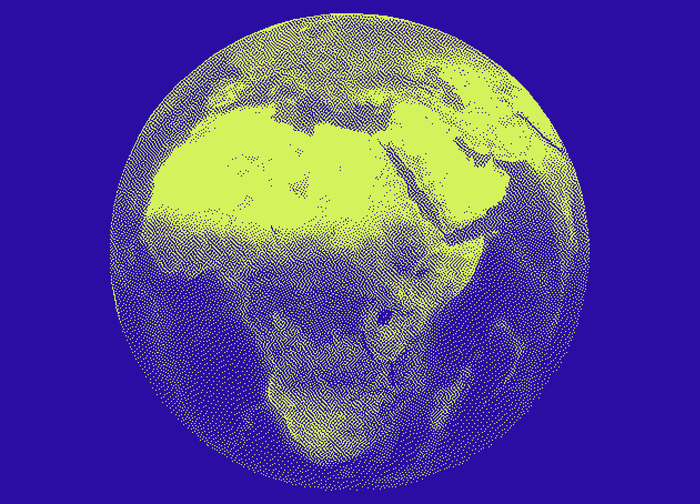 Neon yellow dithered globe on a terminal blue field