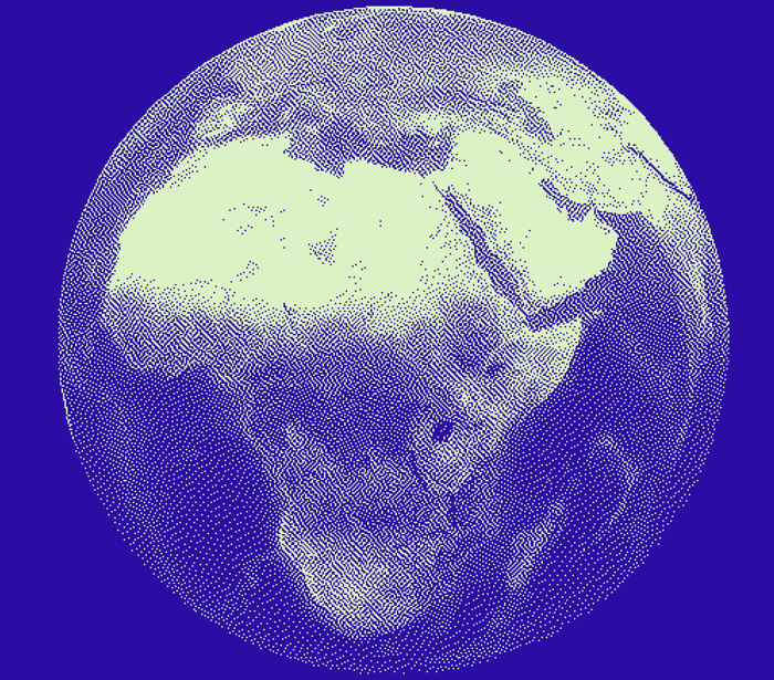 Dithered globe on a terminal blue field